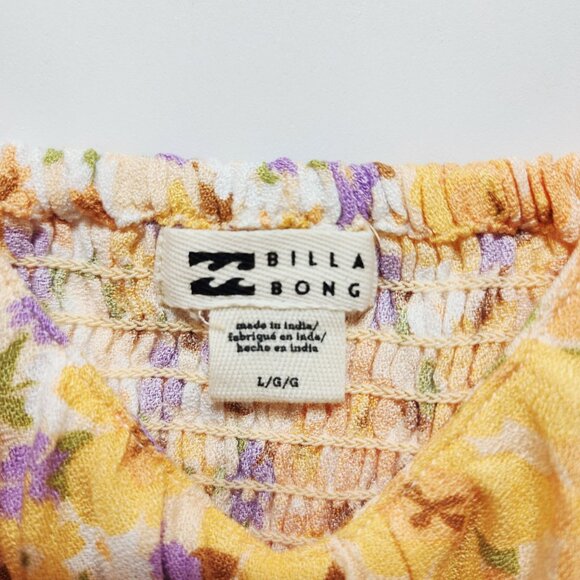 Billabong Womens Floral Yellow Crop Top Size L 12 Adjustable Straps Smocked Back - Picture 4 of 8
